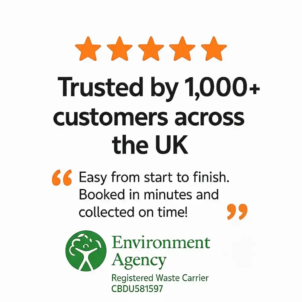 EasySkip UK customer review – Trusted by 1,000+ customers across the UK, five-star rating, Environment Agency registered waste carrier CBDU581597.